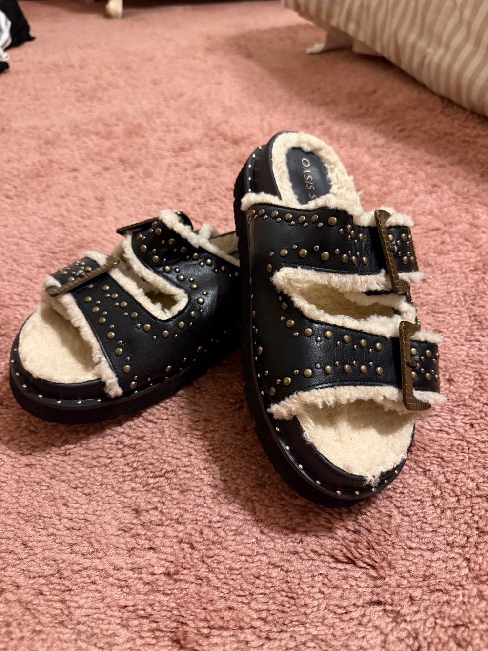 Oasis Black Studded Faux-Shearling Slide Sandals